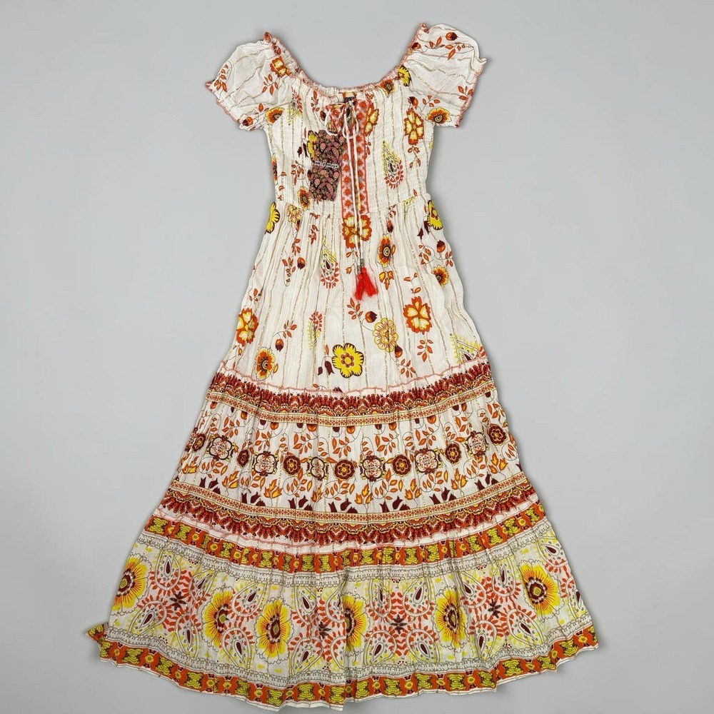 NWT Me 2 Magic Anthropologie Maxi Dress Ivory Multicolor Sequins Gold Lurex M